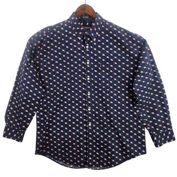 Ralph Lauren Chaps Men's Long Sleeve Bl American Flag Print Shirt Navy SZ L EUC - Picture 1 of 15